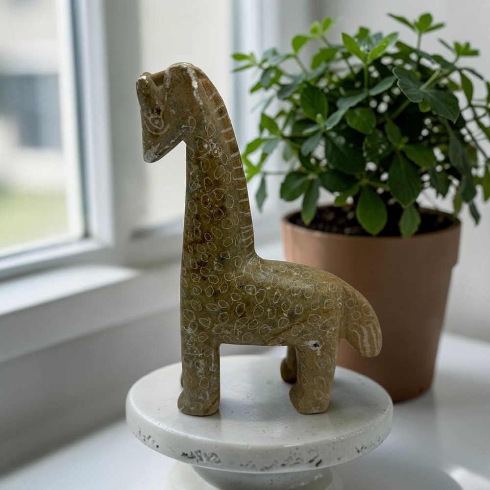 Vintage Hand Carved Soapstone Giraffe Figurine Etched African Folk Art Brown